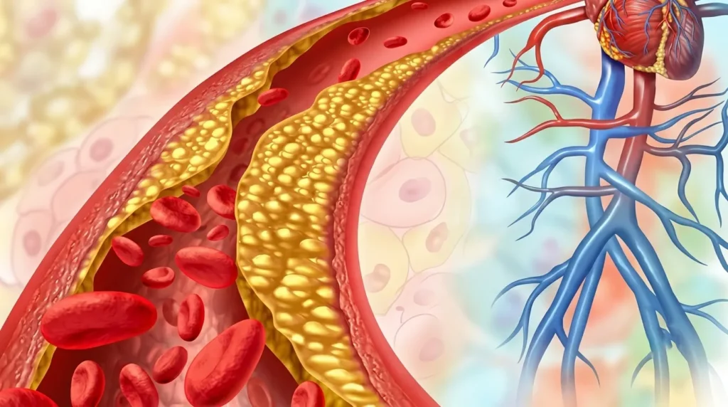 Arteri mengalami penyempitan akibat penumpukan plak kolesterol kuning yang menghambat aliran sel darah merah.