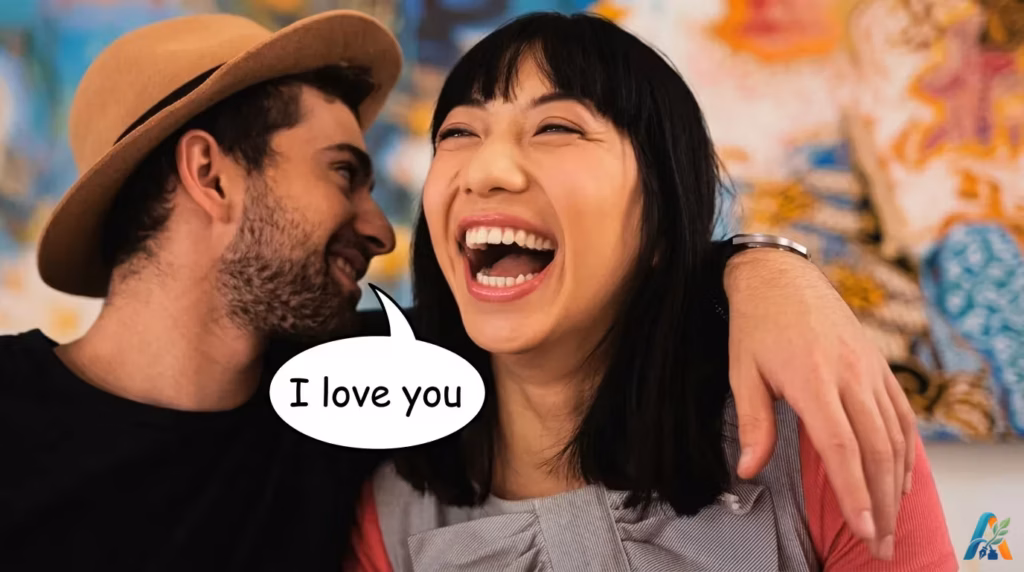 Pria bertopi tersenyum memandang wanita berambut hitam yang tertawa lebar, dengan balon teks bertuliskan I love you.