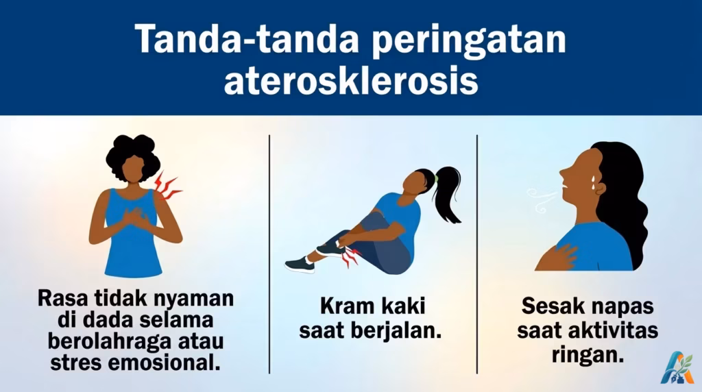 Tanda-tanda peringatan aterosklerosis: rasa tidak nyaman di dada saat olahraga, kram kaki saat berjalan, dan sesak napas.
