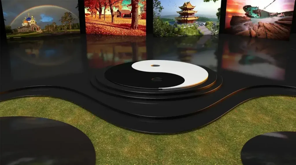 Desain 3D lambang Yin Yang hitam putih di atas permukaan rumput hijau berbentuk lekukan simetris.