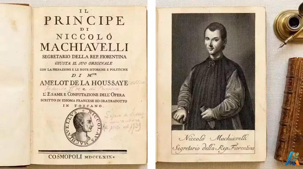Buku antik Il Principe karya Niccolo Machiavelli terbuka menampilkan halaman judul dan lukisan potret dirinya.