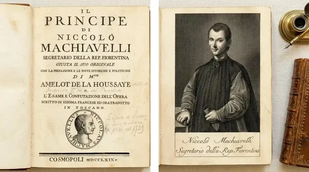 Buku antik Il Principe karya Niccolo Machiavelli terbuka menampilkan halaman judul dan lukisan potret dirinya.