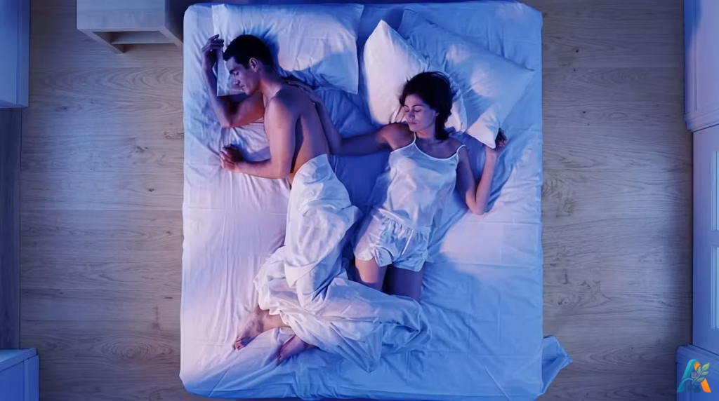 Sepasang kekasih tidur memunggungi satu sama lain dengan kaki saling berkait di atas kasur.