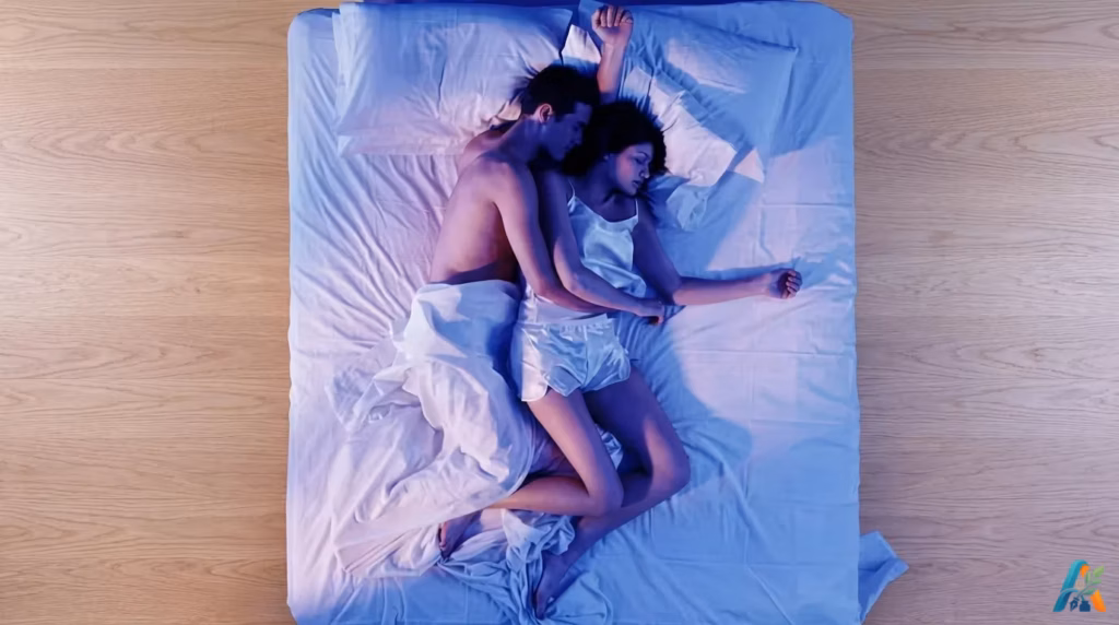 Pasangan suami istri tidur berpelukan mesra dengan posisi spooning di atas kasur berselimut putih berlatar cahaya biru.