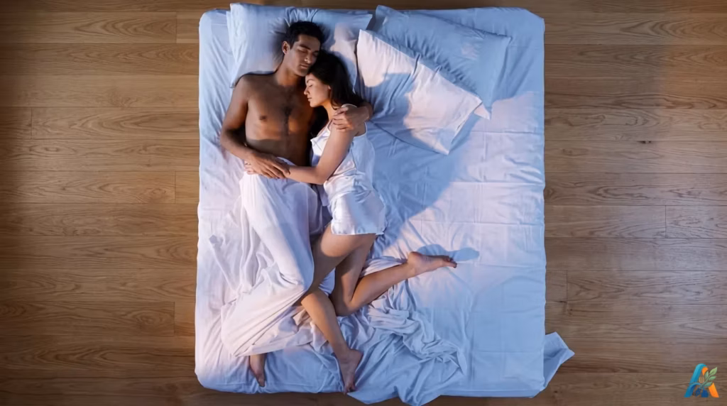 Sepasang pria dan wanita tidur berpelukan mesra di atas kasur putih dengan posisi menyamping dan telentang.