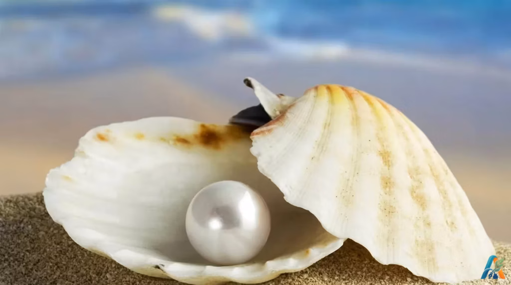Kerang putih terbuka berisi mutiara berkilau di atas pasir pantai berlatar belakang laut biru