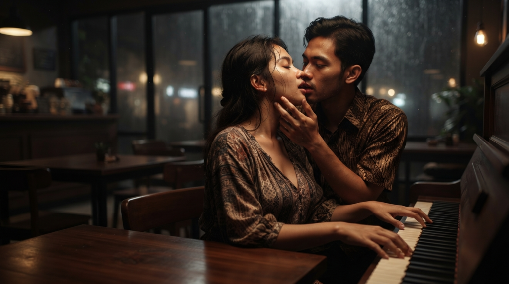 Pasangan romantis di kafe saat hujan; seorang pria menatap lembut wanita yang sedang memainkan piano.