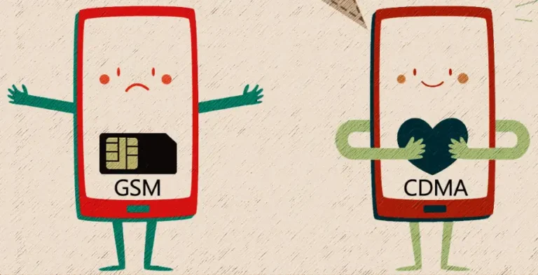 Ilustrasi kartun perbandingan karakter handphone jaringan GSM dengan kartu SIM dan CDMA memeluk hati, dari file Jaringan-GSM-dan-CDMA.webp