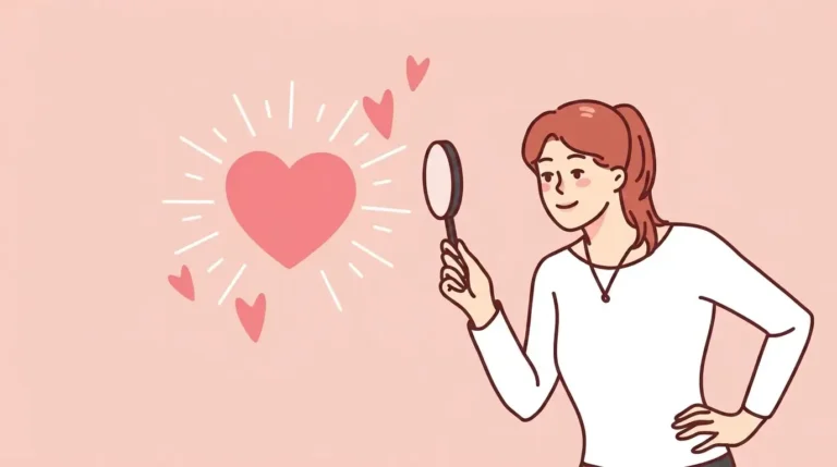 Ilustrasi wanita memegang kaca pembesar melihat simbol hati bersinar, ilustrasi artikel Masih-Adakah-Cinta-Untukku.webp