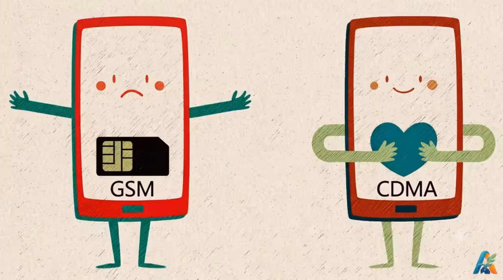 Ilustrasi kartun perbandingan karakter handphone jaringan GSM dengan kartu SIM dan CDMA memeluk hati, dari file Jaringan-GSM-dan-CDMA.webp