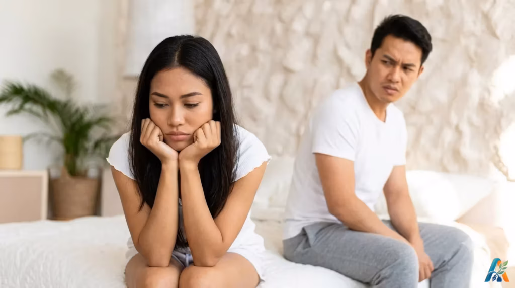 Ekspresi kecewa seorang wanita dan pria di atas kasur menggambarkan masalah hubungan akibat libido dan siklus menstruasi.