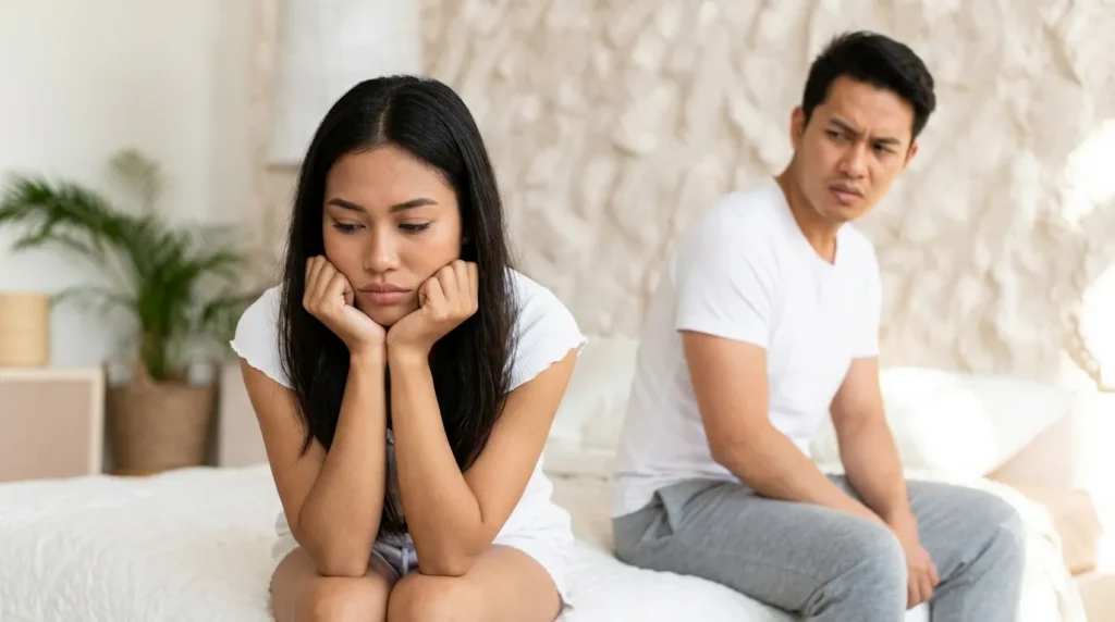 Ekspresi kecewa seorang wanita dan pria di atas kasur menggambarkan masalah hubungan akibat libido dan siklus menstruasi.