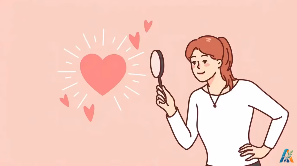 Ilustrasi wanita memegang kaca pembesar melihat simbol hati bersinar, ilustrasi artikel Masih-Adakah-Cinta-Untukku.webp