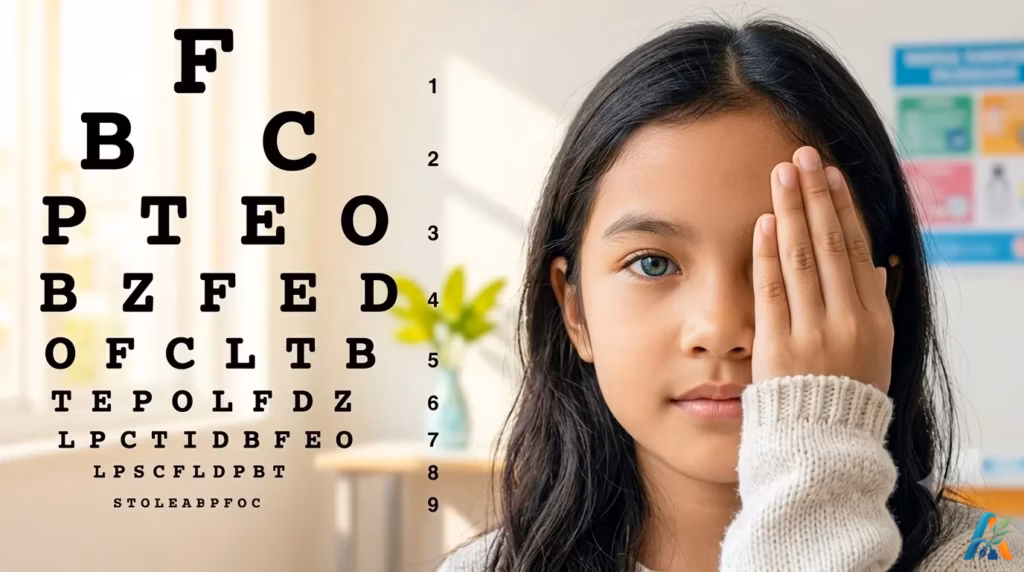 Anak perempuan menutup mata kiri dengan tangan saat tes ketajaman penglihatan menggunakan papan Snellen chart.