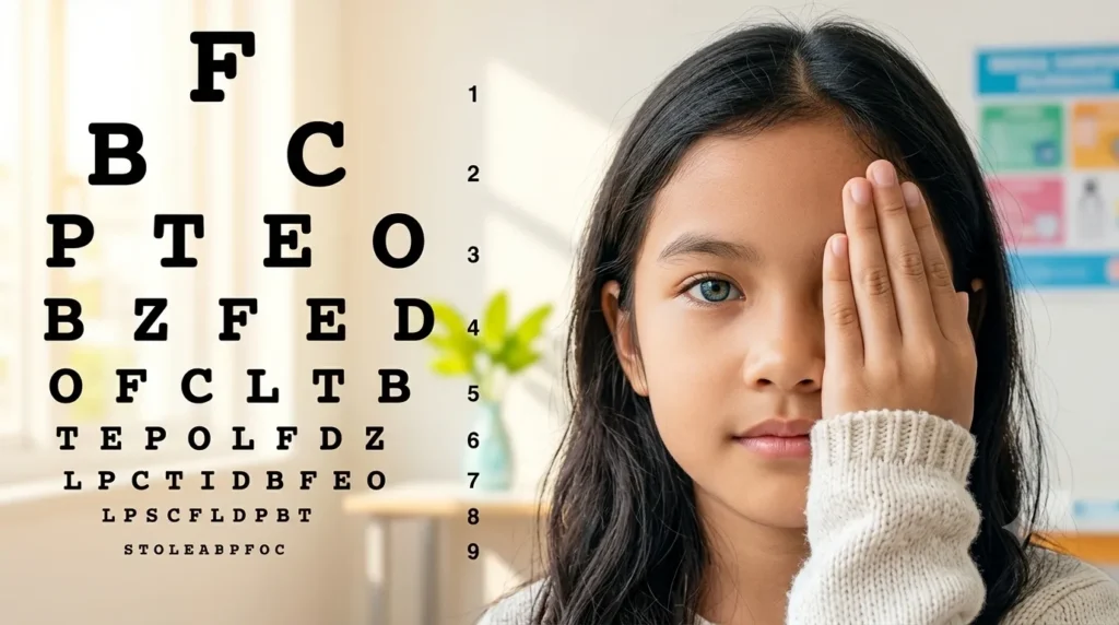 Anak perempuan menutup mata kiri dengan tangan saat tes ketajaman penglihatan menggunakan papan Snellen chart.