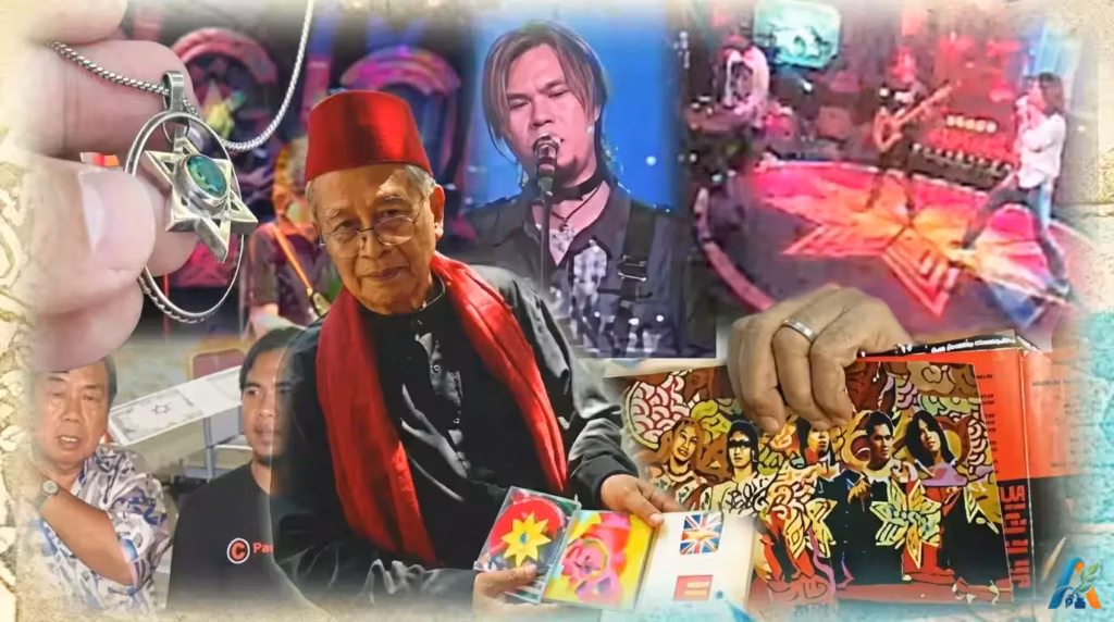 Kolase foto Ahmad Dhani bernuansa merah, kalung bintang Daud, dan album musik untuk konten klarifikasi isu Yahudi.