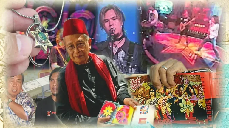 Kolase foto Ahmad Dhani bernuansa merah, kalung bintang Daud, dan album musik untuk konten klarifikasi isu Yahudi.