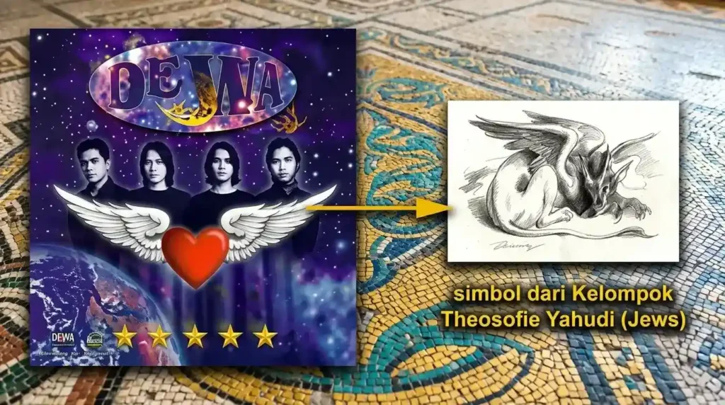 Cover album Bintang Lima Dewa 19 tahun 2000 bersanding dengan gambar ilustrasi makhluk bersayap dari Teosofi Yahudi.