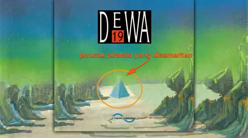 Sampul album DEWA 19 (1992) dengan sorotan panah dan lingkaran pada objek berbentuk piramida.