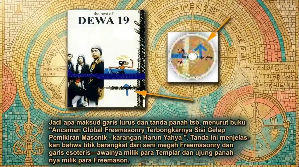 Cover album The Best of Dewa 19 tahun 1999 dengan analisis simbol Freemasonry dan panah esoteris.