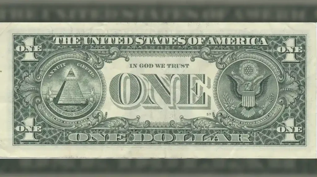 Uang kertas 1 Dollar Amerika menampilkan lambang piramida dengan Mata Satu atau Eye of Providence di bagian belakang.