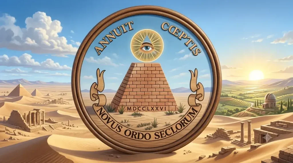 Simbol All-Seeing Eye di atas piramida dengan teks Annuit Coeptis Novus Ordo Seclorum berlatar lanskap gurun mesir kuno.