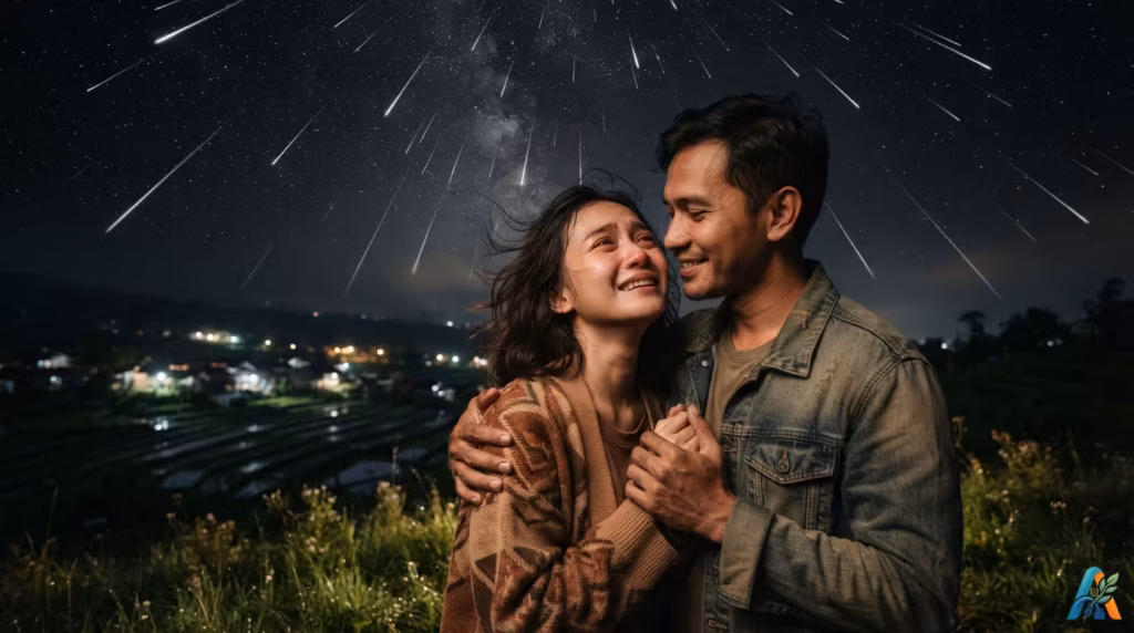 Pasangan Indonesia berpelukan emosional di bukit saat malam, wanita menangis bahagia menatap pria di bawah hujan meteor.