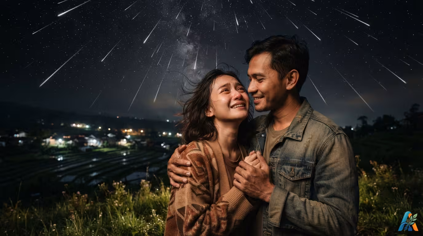Pasangan Indonesia berpelukan emosional di bukit saat malam, wanita menangis bahagia menatap pria di bawah hujan meteor.