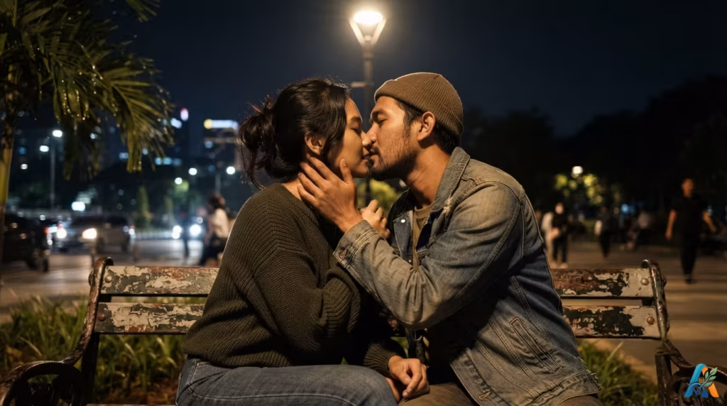 Sepasang kekasih Indonesia berciuman romantis di bangku taman kota saat malam dengan latar belakang lampu kota yang buram.