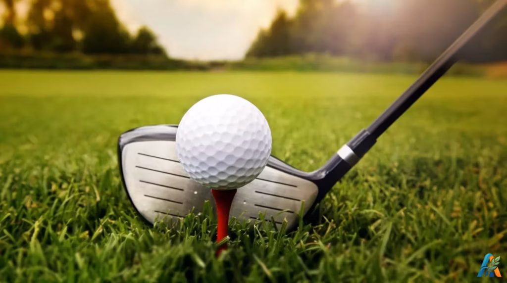 Bola golf di atas tee merah bersanding dengan stik golf driver di atas rumput hijau segar, latar belakang pencahayaan alami bokeh cerah.