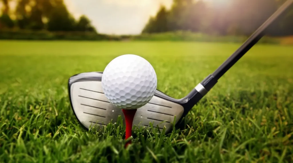 Bola golf di atas tee merah bersanding dengan stik golf driver di atas rumput hijau segar, latar belakang pencahayaan alami bokeh cerah.