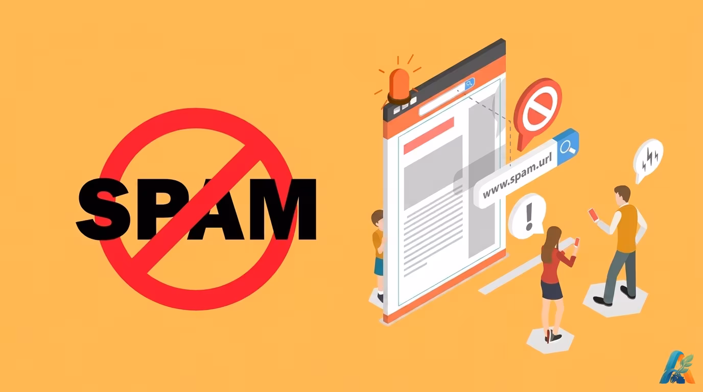 Ilustrasi pemblokiran spam comment pada website dengan tanda larangan SPAM, bagian dari materi flyblogging-spam-comment.webp