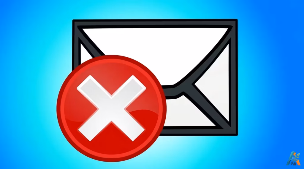 Ikon tanda silang merah besar menutupi amplop surat putih dengan latar belakang gradasi biru, menggambarkan email gagal terkirim atau mailer-daemon.