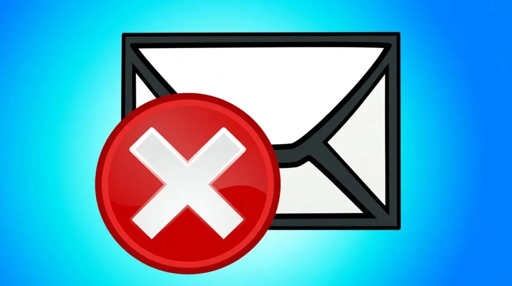 Ikon tanda silang merah besar menutupi amplop surat putih dengan latar belakang gradasi biru, menggambarkan email gagal terkirim atau mailer-daemon.