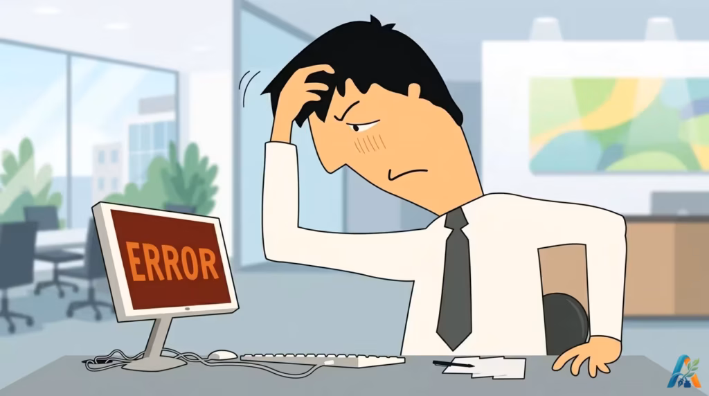 Ilustrasi pegawai pria stres memegang kepala di depan monitor komputer yang menampilkan pesan error di kantor.