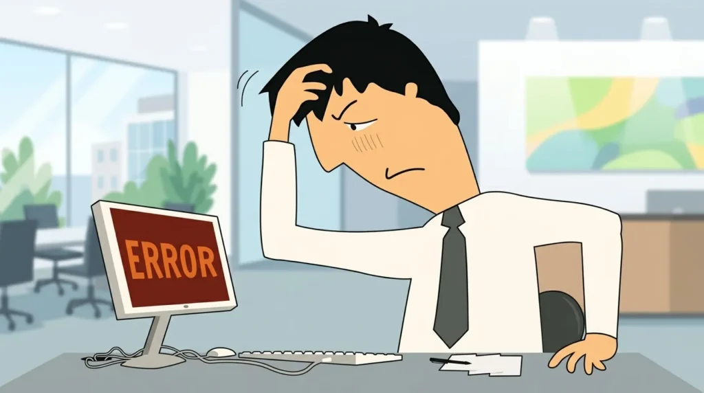 Ilustrasi pegawai pria stres memegang kepala di depan monitor komputer yang menampilkan pesan error di kantor.