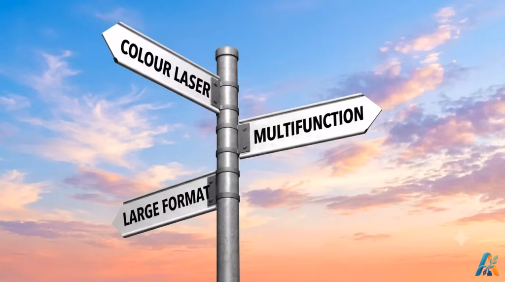 Papan penunjuk jalan dengan arah bertuliskan Colour Laser, Multifunction, dan Large Format berlatar belakang langit senja awan kemerahan.
