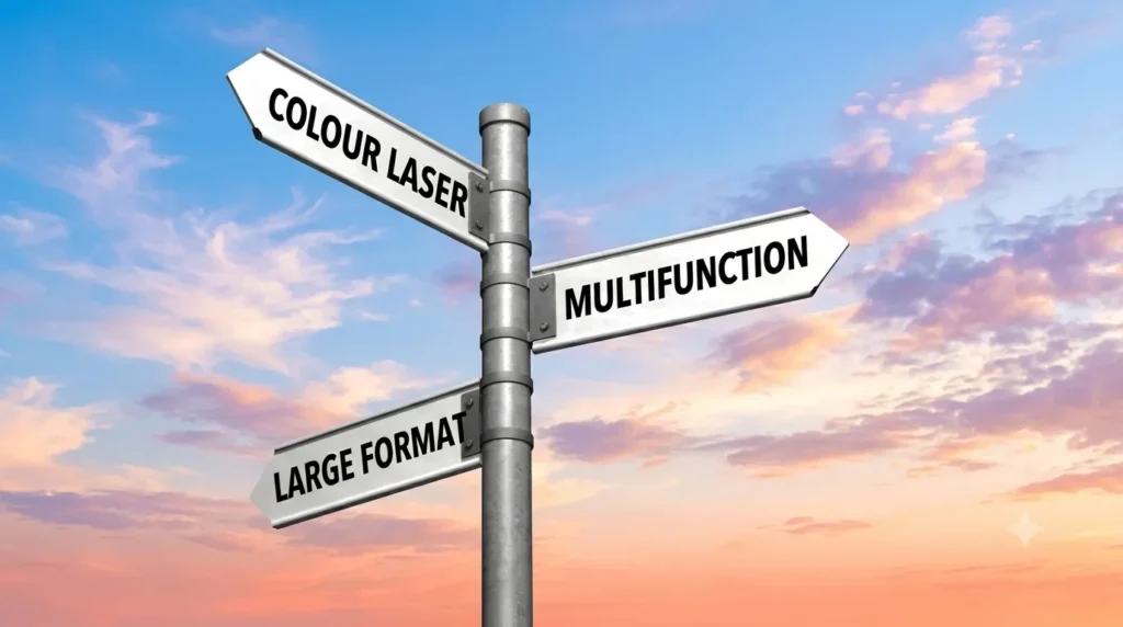 Papan penunjuk jalan dengan arah bertuliskan Colour Laser, Multifunction, dan Large Format berlatar belakang langit senja awan kemerahan.