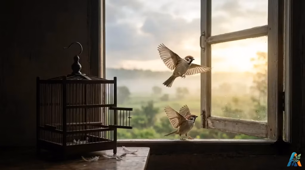 Sepasang burung gereja terbang bebas keluar dari sangkar kayu yang terbuka menuju jendela di pagi hari yang cerah.
