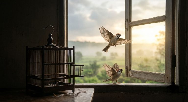 Sepasang burung gereja terbang bebas keluar dari sangkar kayu yang terbuka menuju jendela di pagi hari yang cerah.