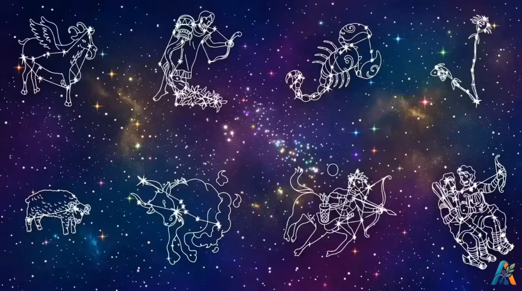 Ilustrasi lambang rasi bintang dengan latar belakang galaksi untuk membaca karakter berdasarkan zodiak.