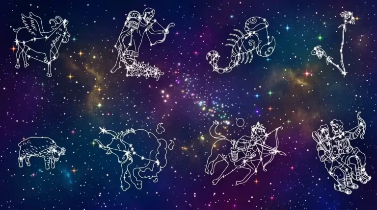 Ilustrasi lambang rasi bintang dengan latar belakang galaksi untuk membaca karakter berdasarkan zodiak.