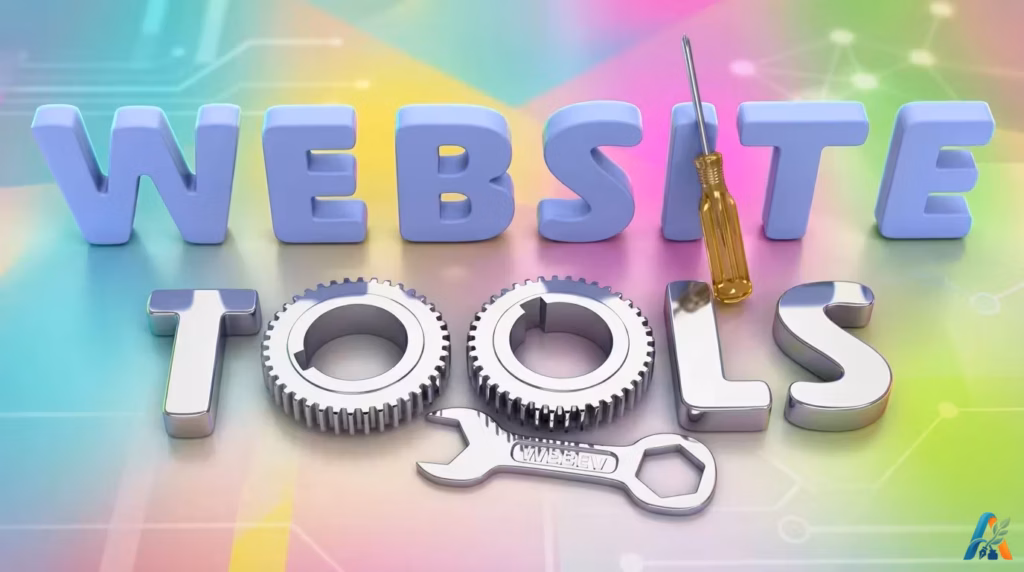 Ilustrasi 3D teks WEBSITE TOOLS warna biru dan perak dengan roda gigi, obeng, serta kunci pas berlatar belakang abstrak hijau neon.