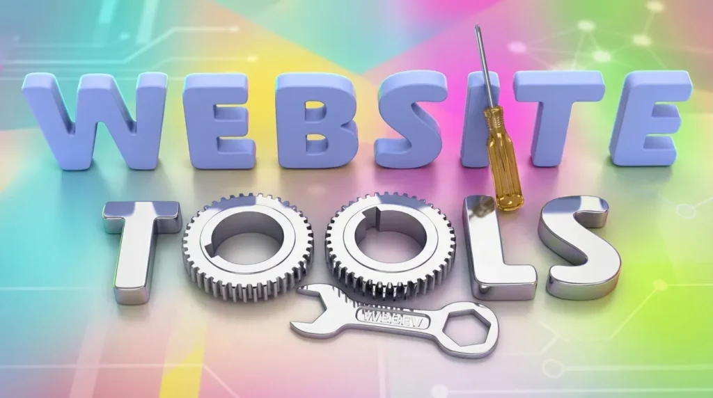 Ilustrasi 3D teks WEBSITE TOOLS warna biru dan perak dengan roda gigi, obeng, serta kunci pas berlatar belakang abstrak hijau neon.