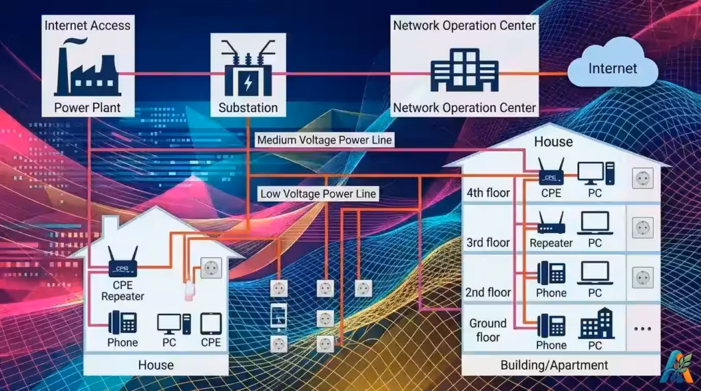 Diagram arsitektur jaringan Power Line Communication (PLC) dari pembangkit listrik ke instalasi rumah dan gedung apartemen.