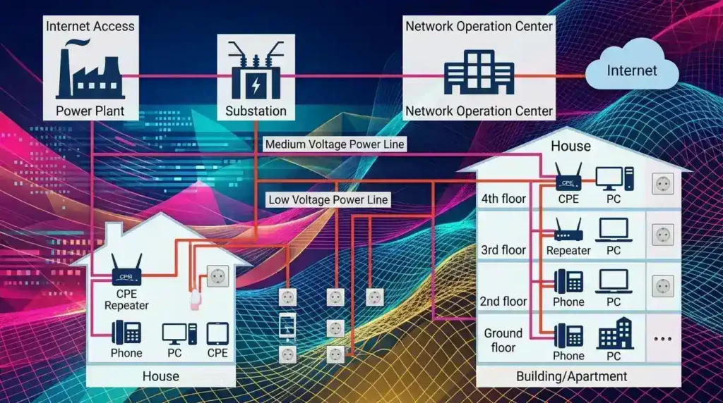 Diagram arsitektur jaringan Power Line Communication (PLC) dari pembangkit listrik ke instalasi rumah dan gedung apartemen.