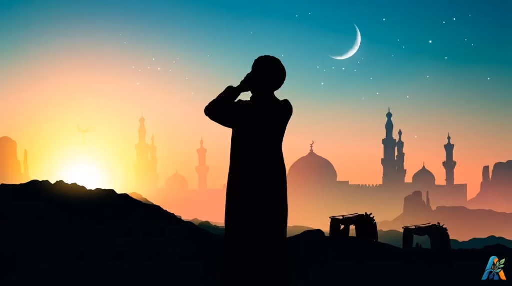 Siluet seorang muazin mengumandangkan azan berlatar belakang masjid, bulan sabit, dan langit fajar menyingsing.