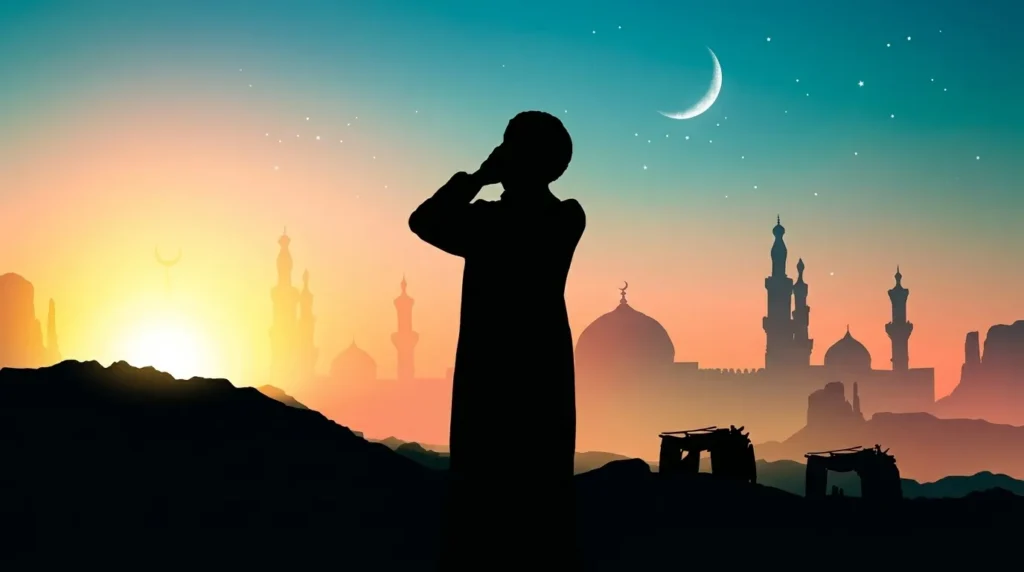 Siluet seorang muazin mengumandangkan azan berlatar belakang masjid, bulan sabit, dan langit fajar menyingsing.