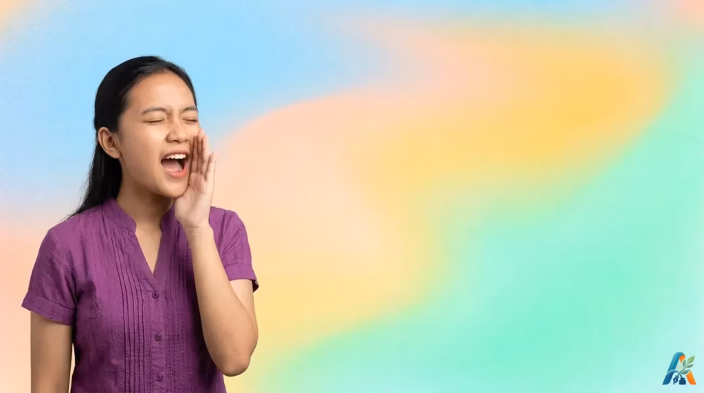 Wanita kemeja ungu berteriak sambil memegang pipi dengan latar belakang gradasi warna pastel kuning, hijau, dan biru astetik.