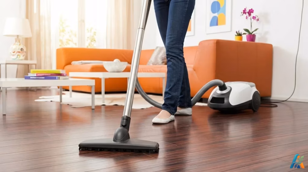 Seseorang sedang membersihkan lantai kayu menggunakan vacuum cleaner di ruang tamu dengan sofa oranye.